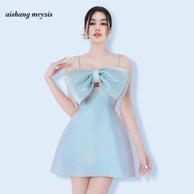 藍色吊帶洋裝女夏季收腰a字法式絕美蝴蝶結名媛生日派對小禮服