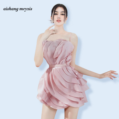 越南小眾品牌粉紅抹胸禮服荷葉邊粉紅吊帶小個子名媛度假洋裝夏