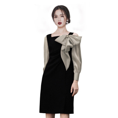 蝴蝶結年禮服2023早秋新款歐根紗方領輕奢宴會主持人連身裙女