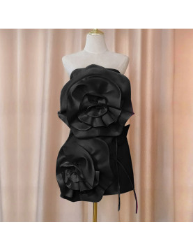 法式高級立體花朵抹胸連身裙女設計感收腰綁帶無袖短裙