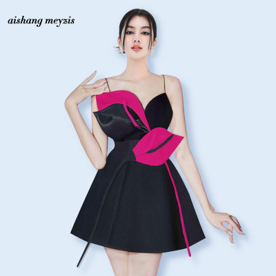 高端輕奢女裝撞色氣質名媛立體花朵小眾設計吊帶短裙日常聚會禮服