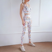 INS春夏款印花色運動健身瑜珈服交叉美背BRA高腰蜜桃提臀褲兩件套