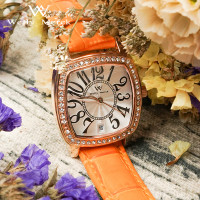 WellyMerck - 橙色皮革玫瑰金方形鑲鑽女錶