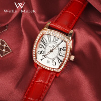 WellyMerck - 橙色皮革玫瑰金方形鑲鑽女錶