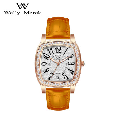 WellyMerck - 橙色皮革玫瑰金方形鑲鑽女錶