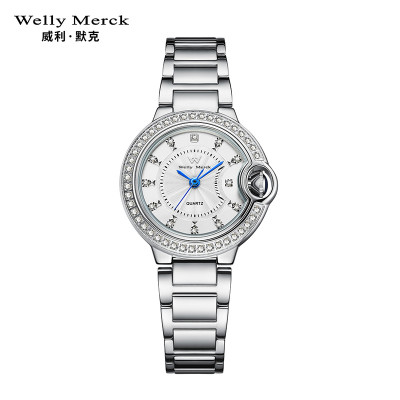 WellyMerck - 銀色不鏽鋼鑲鑽女錶
