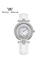 WellyMerck - 白色皮革鑲鑽圓形女士腕錶