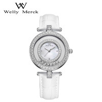 WellyMerck - 白色皮革鑲鑽圓形女士腕錶