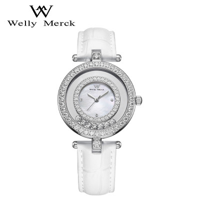 WellyMerck - 白色皮革鑲鑽圓形女士腕錶 WellyMerck - 白色皮革鑲鑽圓形女士腕錶